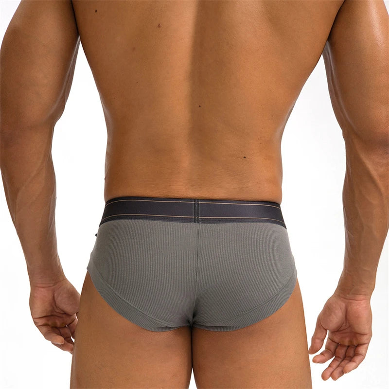 Gray modal wicking U-pouch boxer briefs on model, ribbed fabric and pouch seam