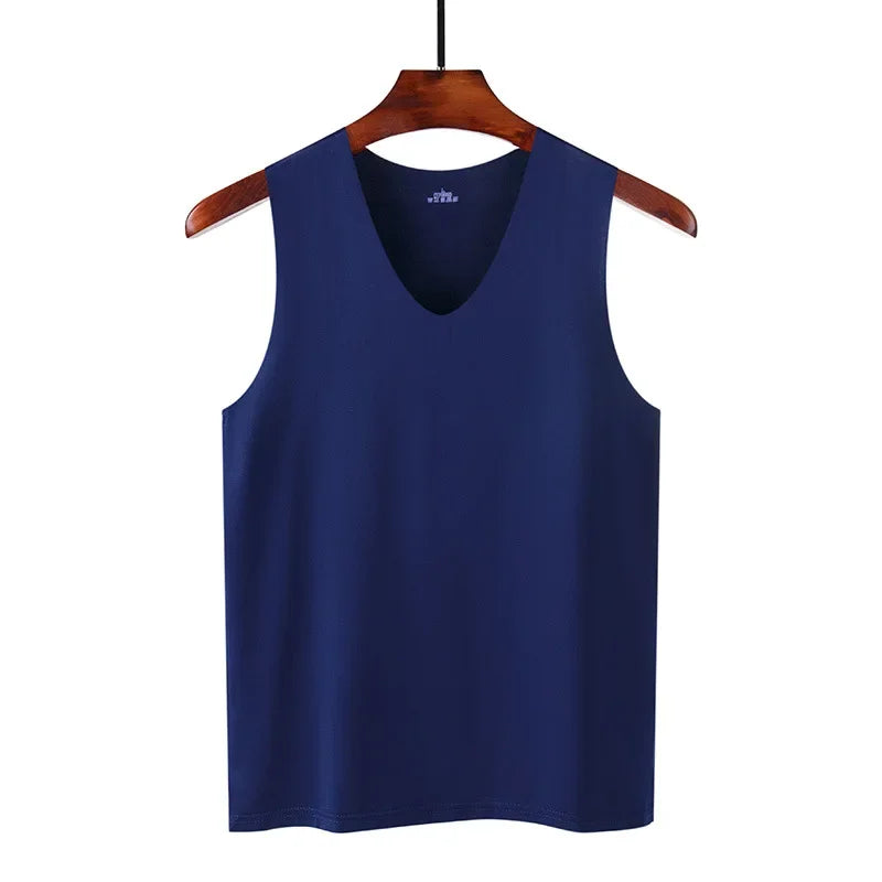 Men's ice silk traceless tank top, navy blue sleeveless V-neck
