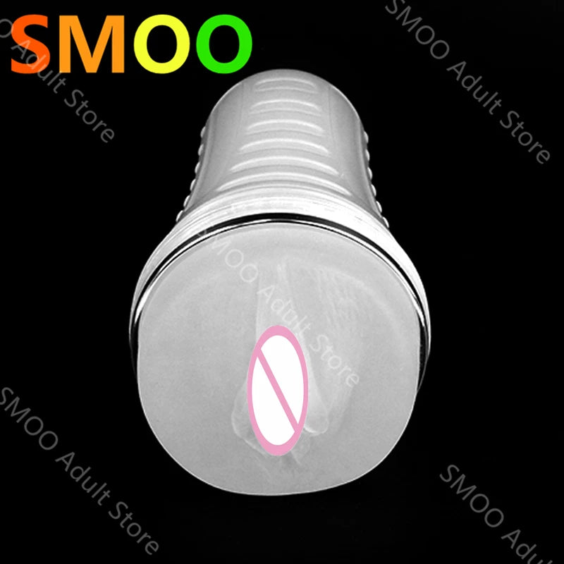 Realistic stroker cup, transparent end cap with pink oval opening and ridged exterior