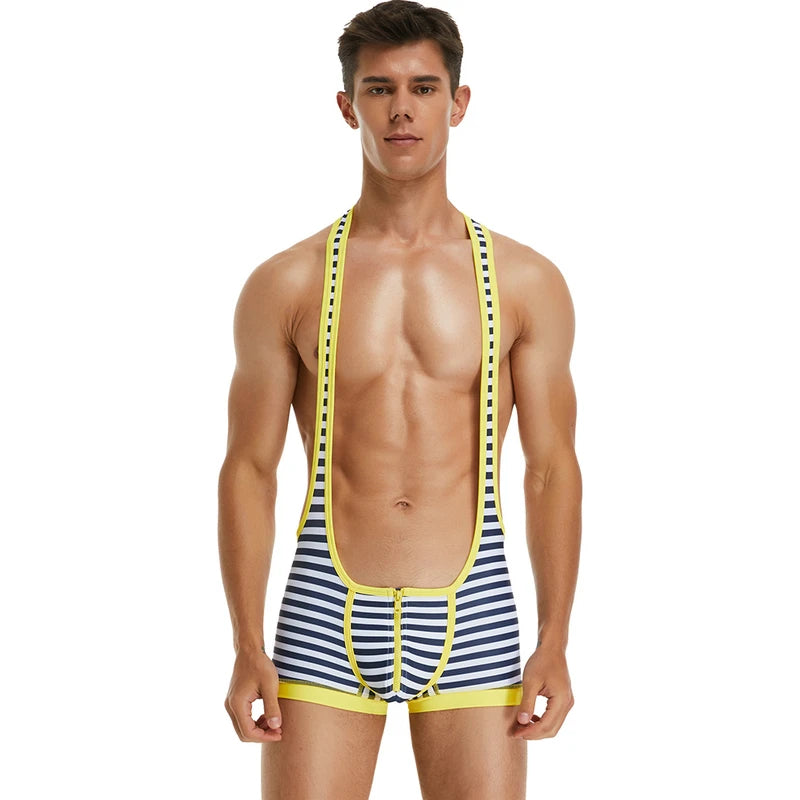 Men's sleeveless striped bodysuit romper with yellow trim and contrast neckline