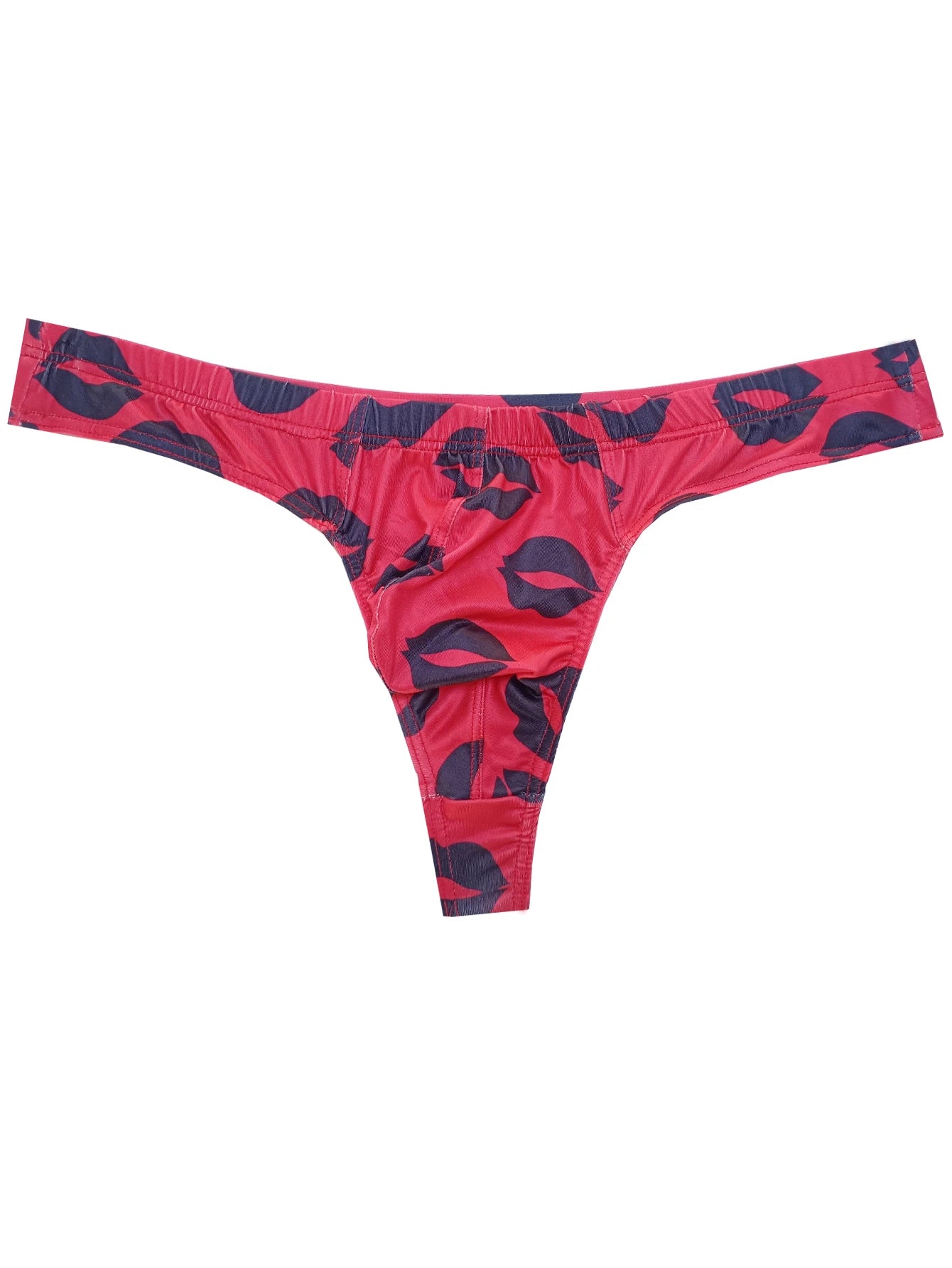 Low-rise thong in bright red with dark navy lips print, elastic waistband.