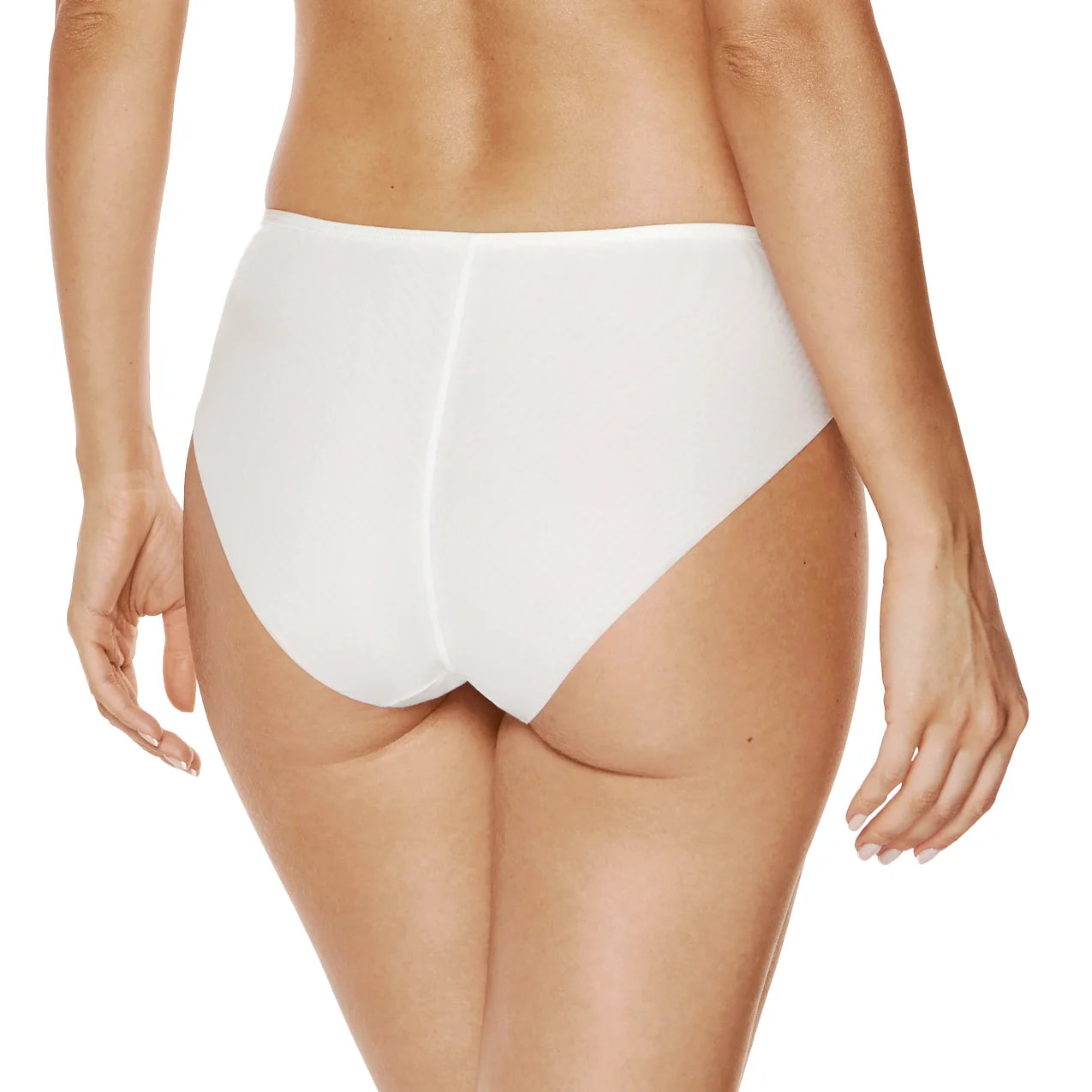 Solid white bikini brief with smooth fabric and high-cut sides